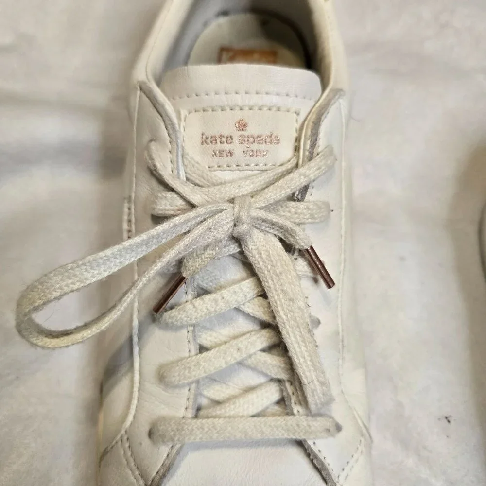 Keds For Kate Spade White Leather Sneakers Shoes Rose Gold Glitter Women's‎ Size